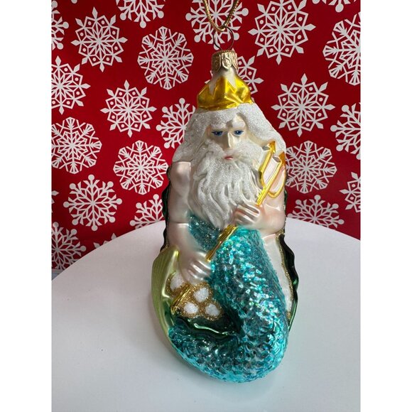 Kurt Adler Polonaise King Neptune Merman Blown Glass Ornament 6½ Aqua Green - Picture 2 of 7
